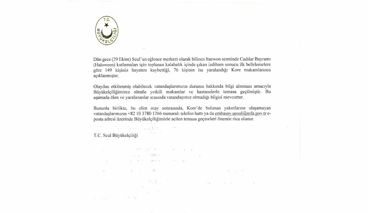 Türkiye Seul Büyükelçiliği'nden Türk vatandaşlarına ilişkin açıklama: Ölen ya da yaralanan yok Türkiye Seul Büyükelçiliği'nden Türk vatandaşlarına ilişkin açıklama: Ölen ya da yaralanan yok