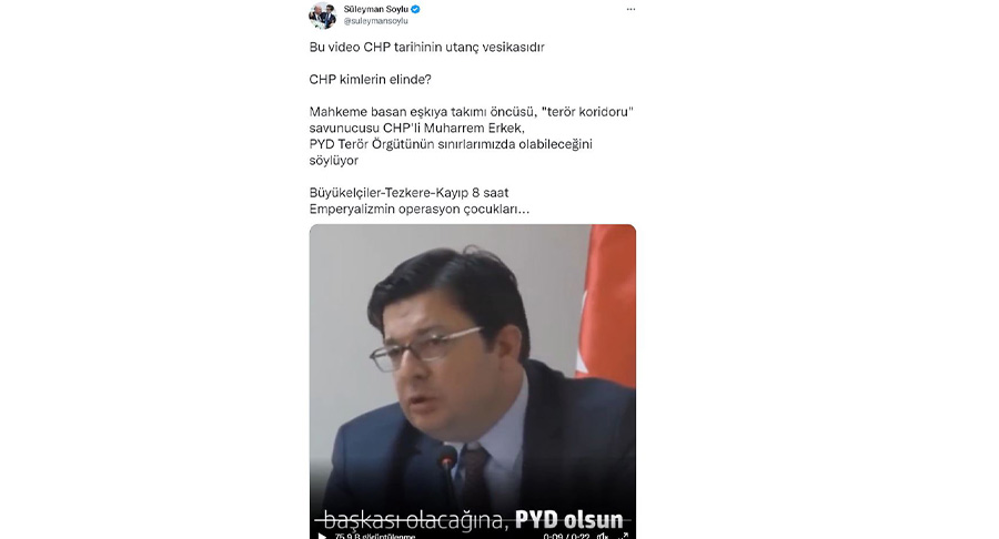 Soylu’dan 'Sınırımızda PYD olsun' diyen CHP'li Muharrem Erkek'e sert tepki