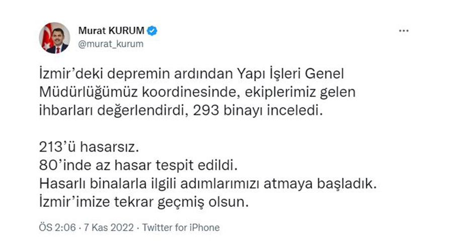Bakan Kurum duyurdu: 293 binadan 80 tanesinde az hasar tespit edildi