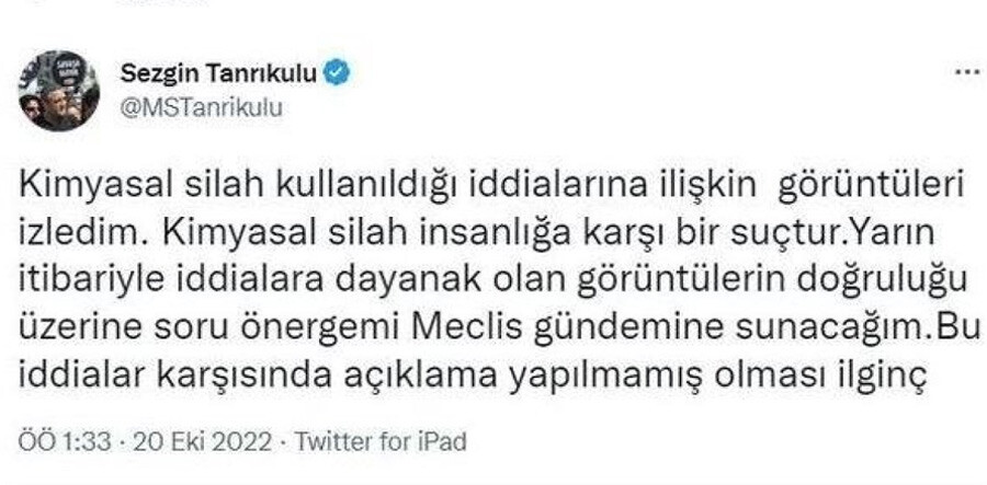 Son dakika: CHP'li Sezgin Tanrıkulu hakkında 'kimyasal silah' fezlekesi Son dakika: CHP'li Sezgin Tanrıkulu hakkında 'kimyasal silah' fezlekesi