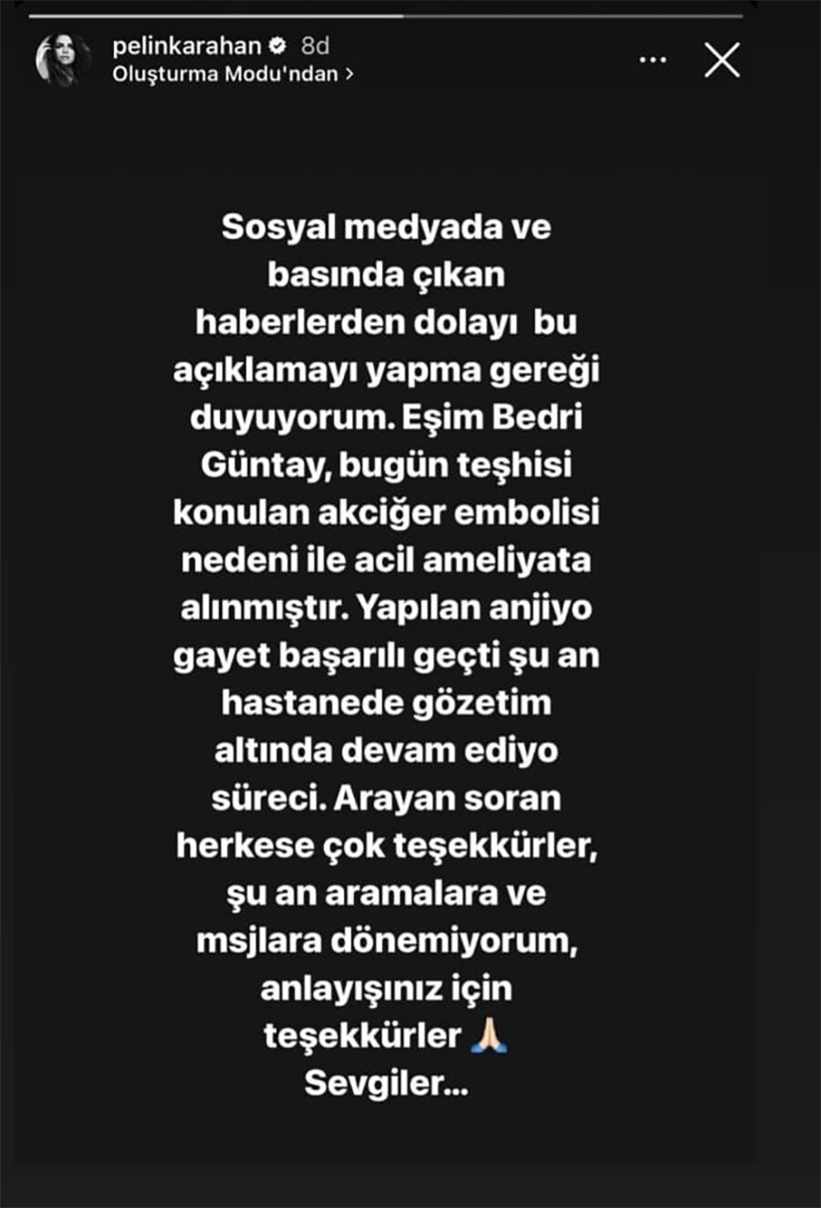 Pelin Karahan'ın eşi Bedri Güntay apar topar ameliyata alınmıştı, ünlü oyuncudan ilk açıklama geldi