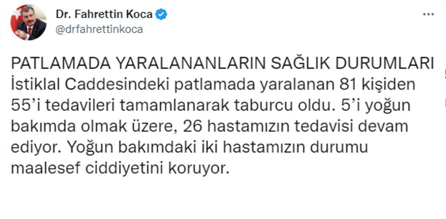 Bakan Koca'dan Taksim saldırısı yaralılarının durumuna ilişkin açıklama: 5'i yoğun bakımda Bakan Koca'dan Taksim saldırısı yaralılarının durumuna ilişkin açıklama: 5'i yoğun bakımda