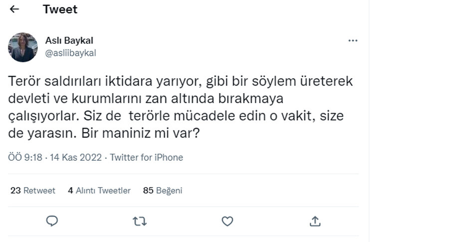 Aslı Baykal'dan Taksim saldırısının ardından devleti eleştirenlere sert tepki: Siz de terörle mücadele edin size de yarasın! Aslı Baykal'dan Taksim saldırısının ardından devleti eleştirenlere sert tepki: Siz de terörle mücadele edin size de yarasın!