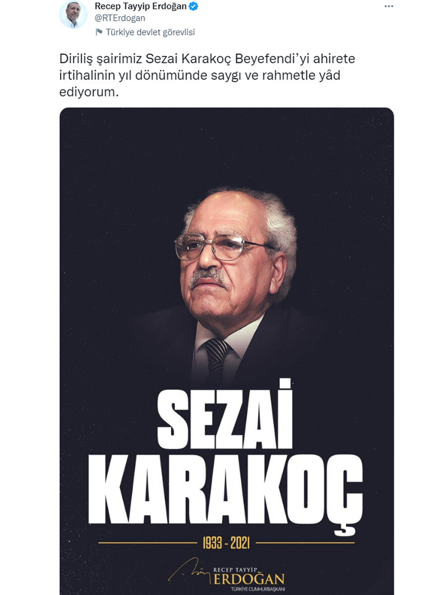 Cumhurbaşkanı Erdoğan'dan şair Sezai Karakoç için anma mesajı