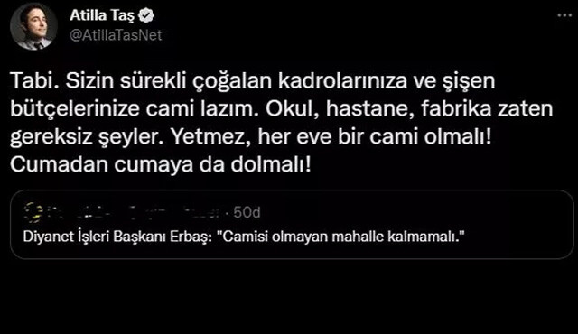 Atilla Taş 'cami' hazımsızlığı... Provokasyonları dur durak bilmiyor