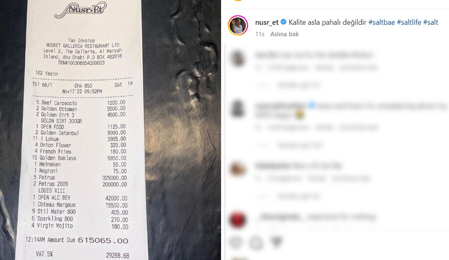 Nusret restoranındaki hesabı paylaştı, tepkiler çığ gibi büyüdü! “İnsanlar açlıktan ölürken çok ayıp” Nusret restoranındaki hesabı paylaştı, tepkiler çığ gibi büyüdü! “İnsanlar açlıktan ölürken çok ayıp”