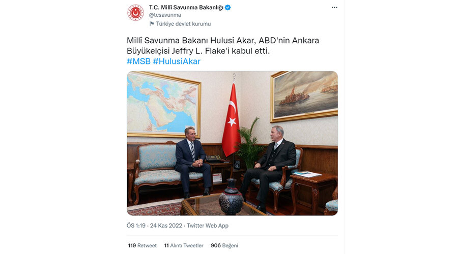 Bakan Akar, ABD Büyükelçisi Jeffry Flake kabul etti Bakan Akar, ABD Büyükelçisi Jeffry Flake kabul etti