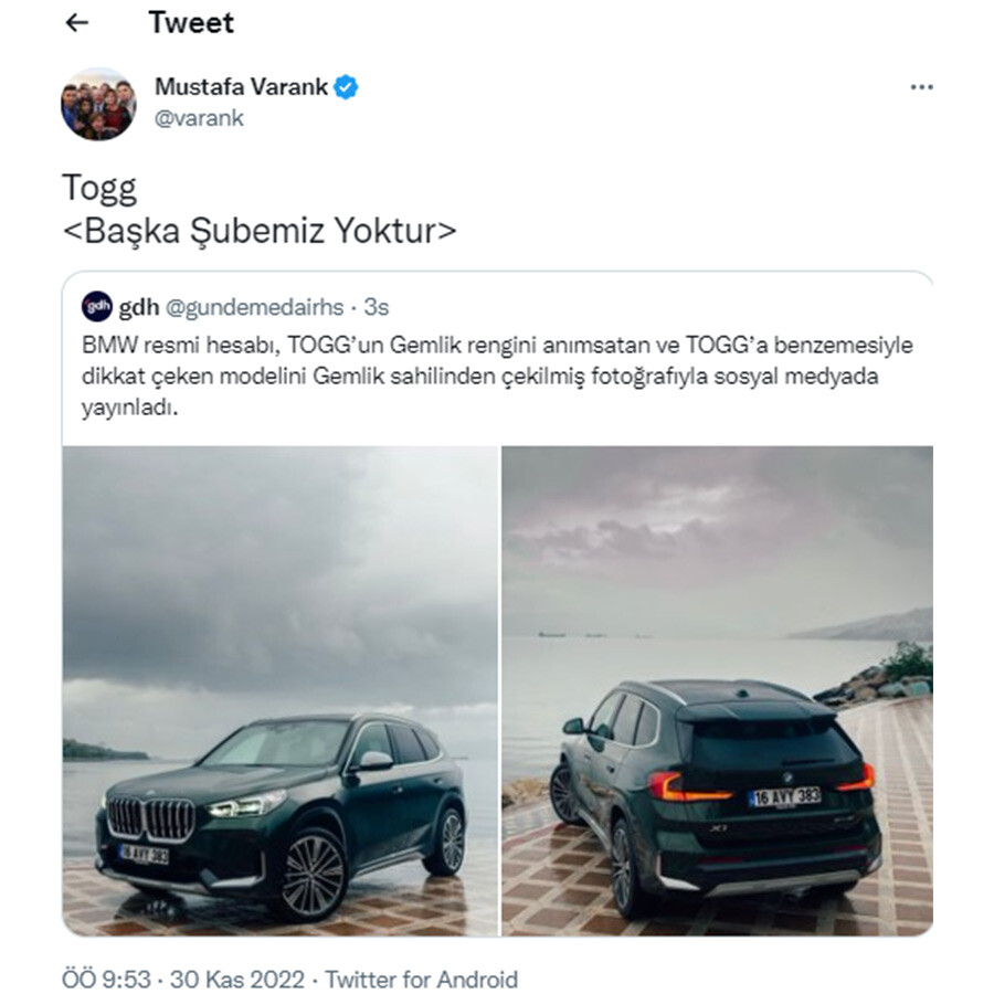 BMW'nin 'Togg'u hatırlatan Gemlik paylaşımına Bakan Varank'tan efsane cevap! BMW'nin 'Togg'u hatırlatan Gemlik paylaşımına Bakan Varank'tan efsane cevap!