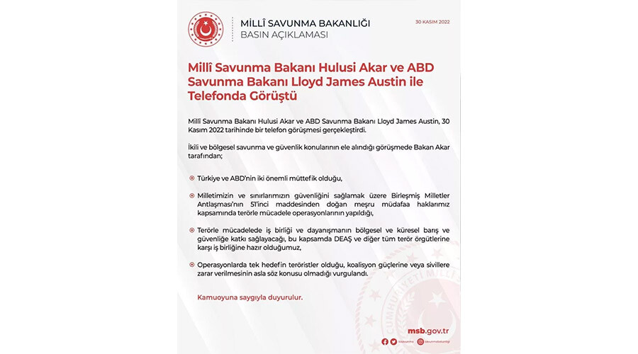 Milli Savunma Bakanı Akar, ABD'li mevkidaşı Austin ile telefonda görüştü Milli Savunma Bakanı Akar, ABD'li mevkidaşı Austin ile telefonda görüştü