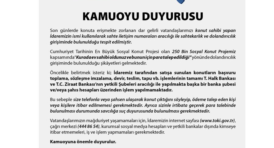 TOKİ vatandaşları bir kez daha uyardı: ‘Kurada ev çıktı’ yalanına kanmayın