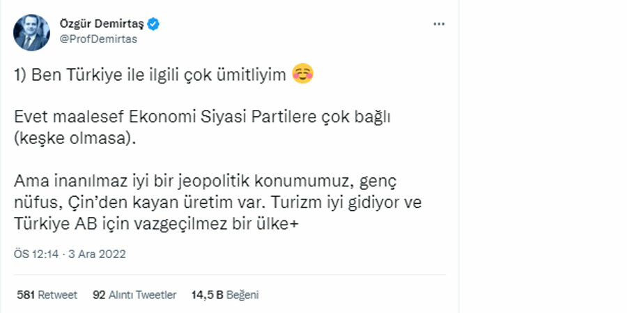 Özgür Demirtaş'tan dikkat çeken sözler: 'Ben Türkiye ile ilgili çok ümitliyim' Özgür Demirtaş'tan dikkat çeken sözler: 'Ben Türkiye ile ilgili çok ümitliyim'