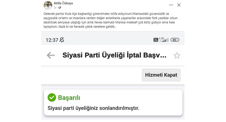 Gelecek Partisi Kula İlçe Başkanı Atilla Özkaya ‘Yazıklar olsun’ diyerek partisinden istifa etti  Gelecek Partisi Kula İlçe Başkanı Atilla Özkaya ‘Yazıklar olsun’ diyerek partisinden istifa etti