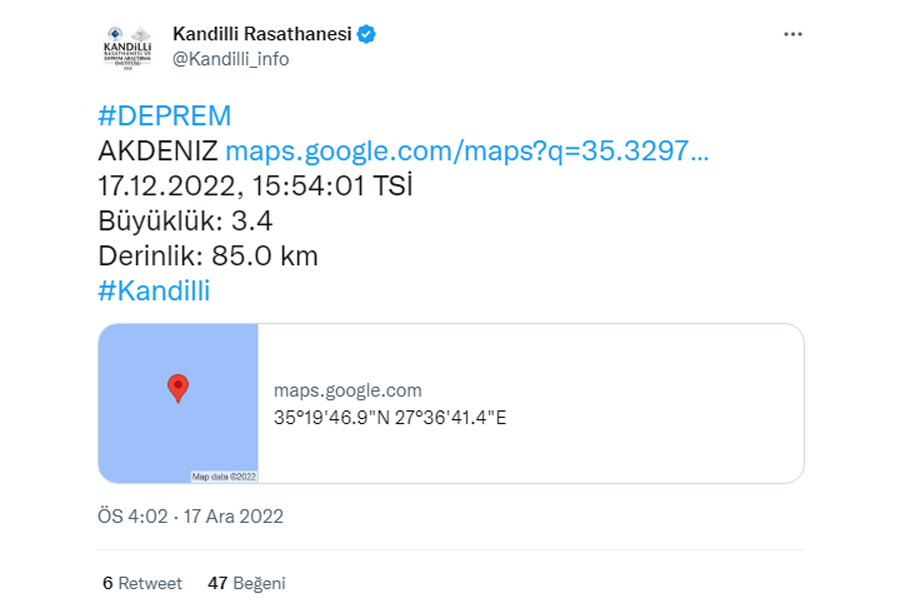 Akdeniz'de korkutan deprem