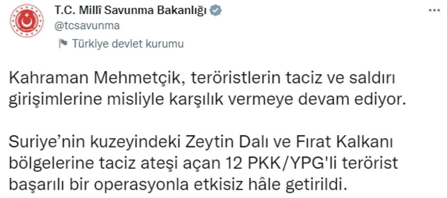 Son dakika: Suriye'nin kuzeyinde 12 PKK'lı terörist daha etkisiz hale getirildi