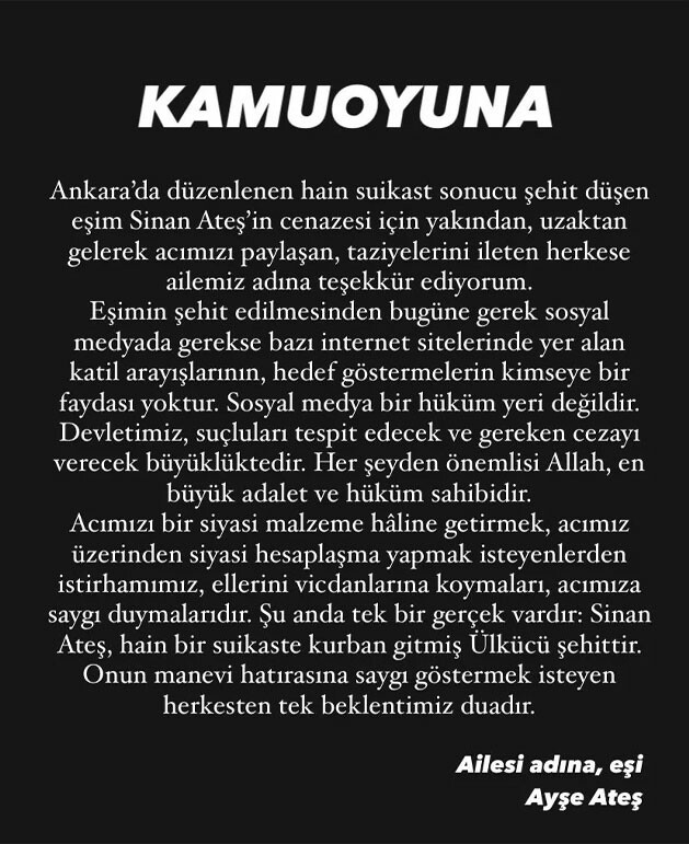 Silahlı saldırı sonucu hayatını kaybetmişti: Ülkü Ocakları eski Başkanı Sinan Ateş'in ailesinden ilk açıklama