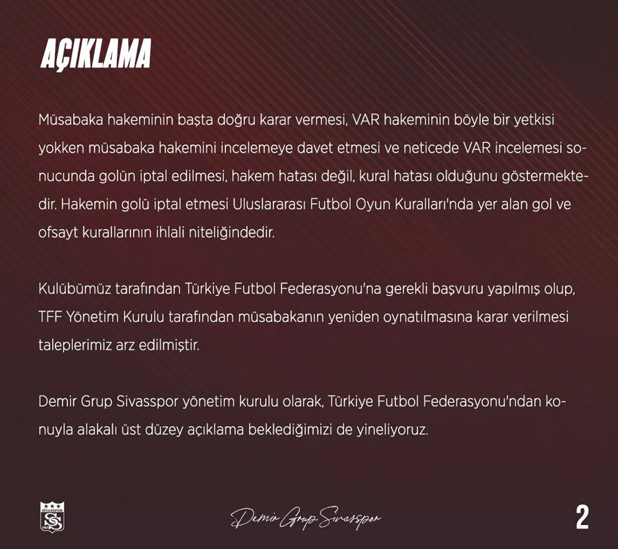 Sivasspor'dan TFF'ye olaylı Galatasaray maçı için başvuru