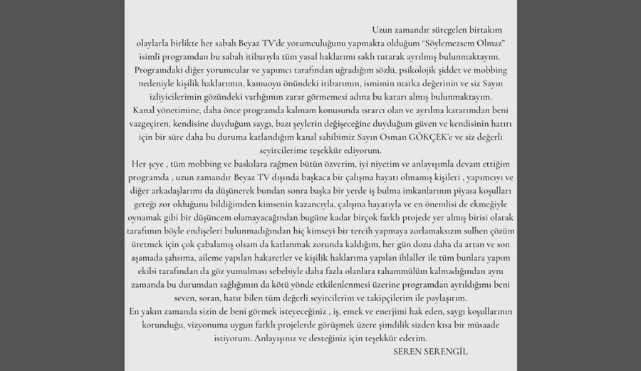 Söylemezsem Olmaz’dan kovulduğu iddia edilen Seren Serengil sessizliğini bozdu, programdan ayrılık sebebini açıkladı Söylemezsem Olmaz’dan kovulduğu iddia edilen Seren Serengil sessizliğini bozdu, programdan ayrılık sebebini açıkladı