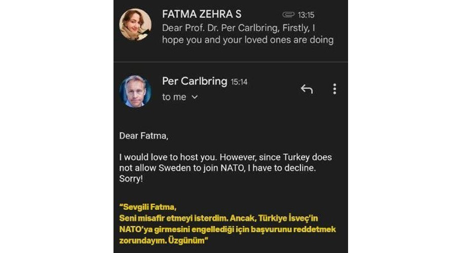 İsveçli profesörden Türk öğrenciye tepki çeken ret: ‘Türkiye NATO’ya girişimizi engelledi’ İsveçli profesörden Türk öğrenciye tepki çeken ret: ‘Türkiye NATO’ya girişimizi engelledi’