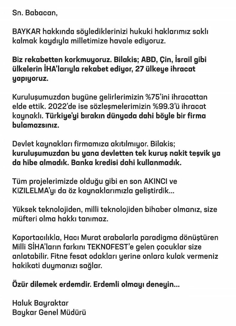 Babacan'ın tepki çeken Baykar çıkışına, Haluk Bayraktar'dan net cevap! Babacan'ın tepki çeken Baykar çıkışına, Haluk Bayraktar'dan net cevap!