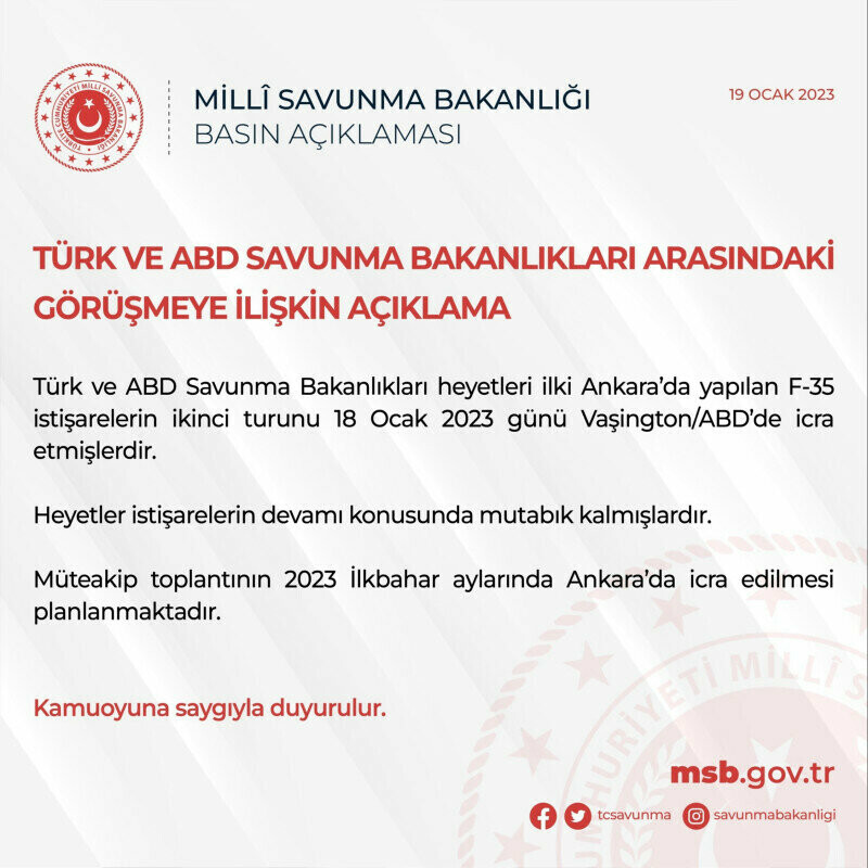 MSB'den, Türkiye ve ABD arasındaki F-35 görüşmesine ilişkin açıklama MSB'den, Türkiye ve ABD arasındaki F-35 görüşmesine ilişkin açıklama