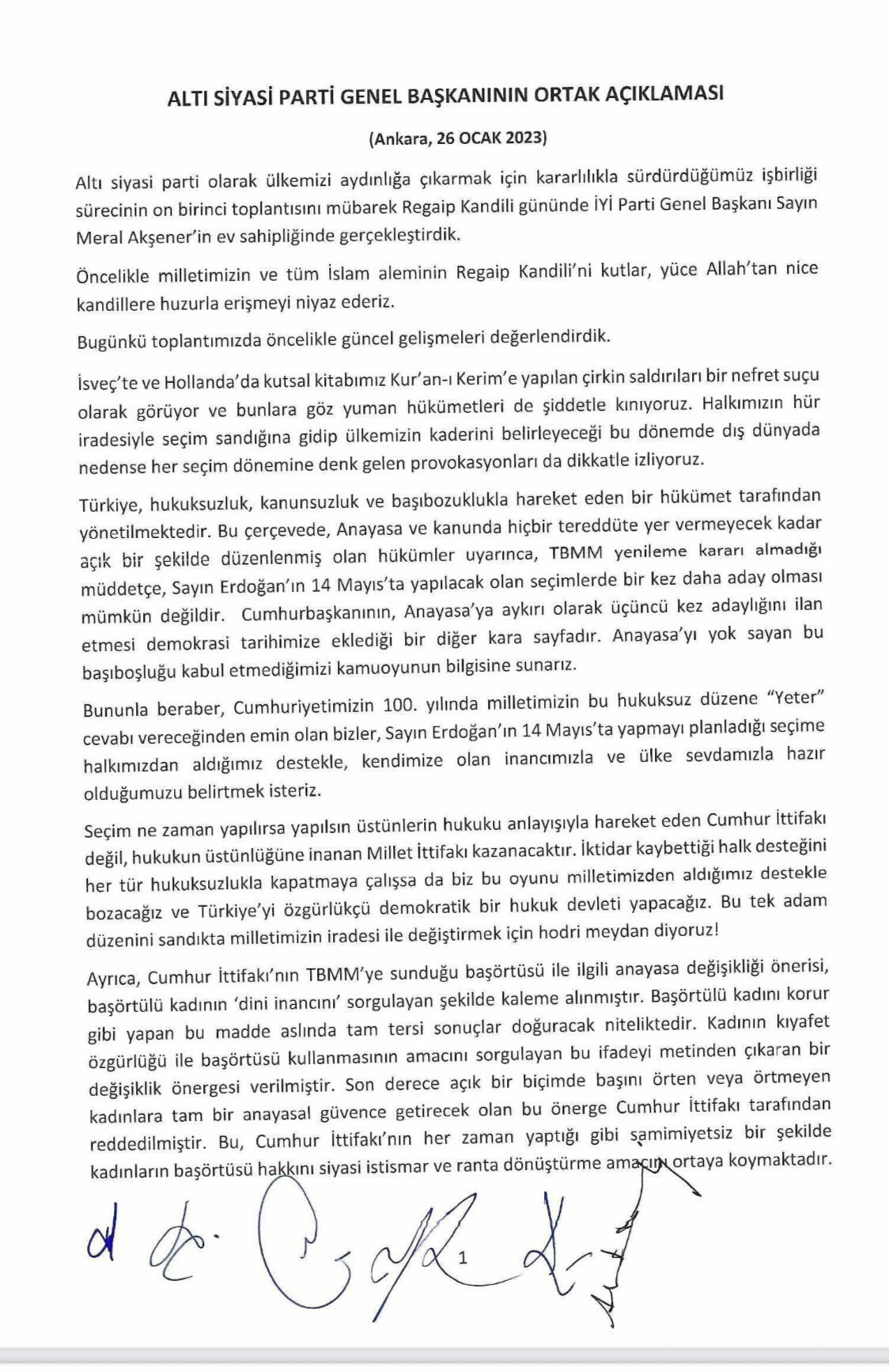 6’lı masadan Cumhurbaşkanı Erdoğan’ın adaylığı için Meclis şartı