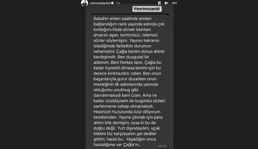 Mehmet Ali Erbil, “Çarkıfelek’te hostes olmak için kapımda yatardı” dediği Çağla Şıkel’den özür diledi