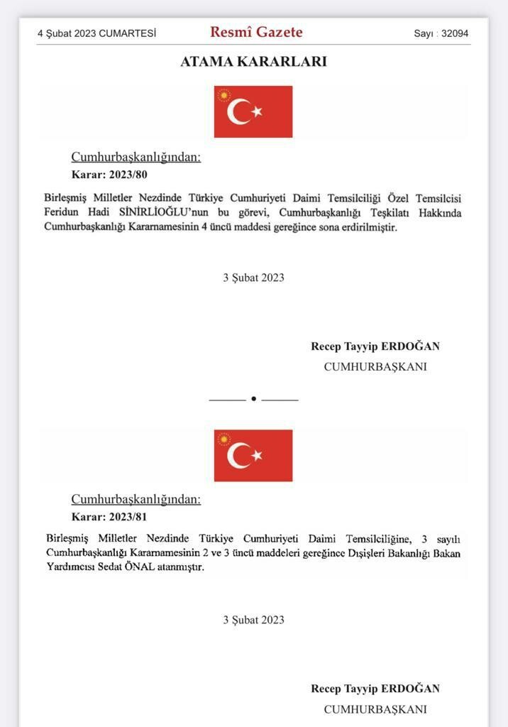 Türkiye'nin BM daimi temsilcisi Feridun Sinirlioğlu görevden alındı