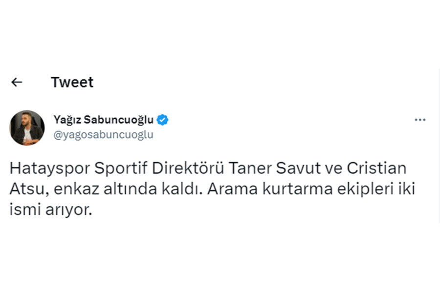 Hatayspor'un futbolcusu Christian Atsu ve sportif direktör Taner Savut enkaz altında kaldı