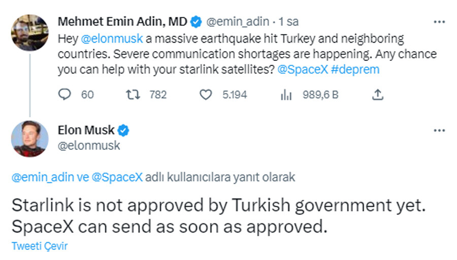 Elon Musk'tan deprem sonrası Starlink teklifi: Türk hükümeti onaylar onaylamaz gönderebiliriz