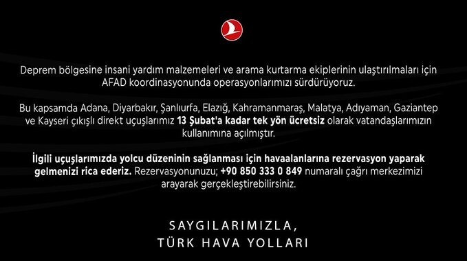 Türk Hava Yolları'ndan deprem bölgesine ücretsiz uçuş