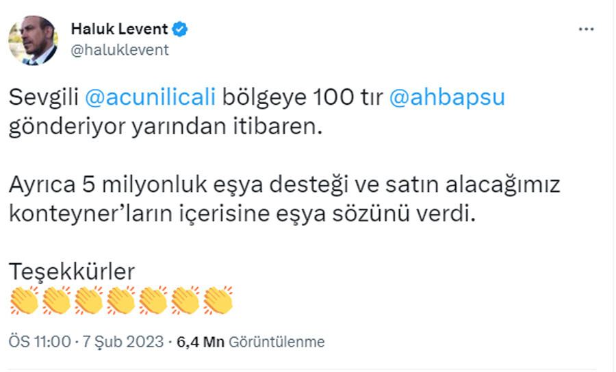 Haluk Levent paylaştı: Acun Ilıcalı’dan deprem bölgesine büyük yardım Haluk Levent paylaştı: Acun Ilıcalı’dan deprem bölgesine büyük yardım