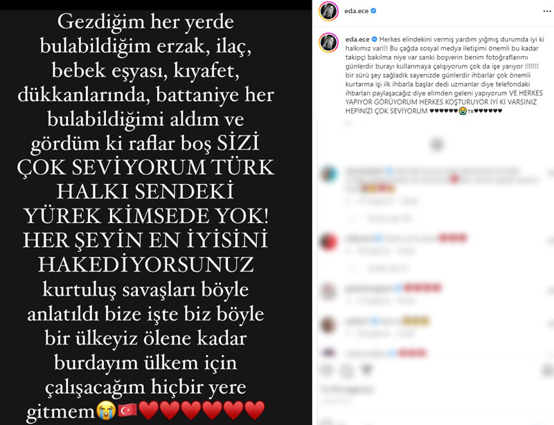 Oyuncu Eda Ece’den duygulandıran deprem paylaşımı: Türk halkı sendeki yürek kimsede yok Oyuncu Eda Ece’den duygulandıran deprem paylaşımı: Türk halkı sendeki yürek kimsede yok