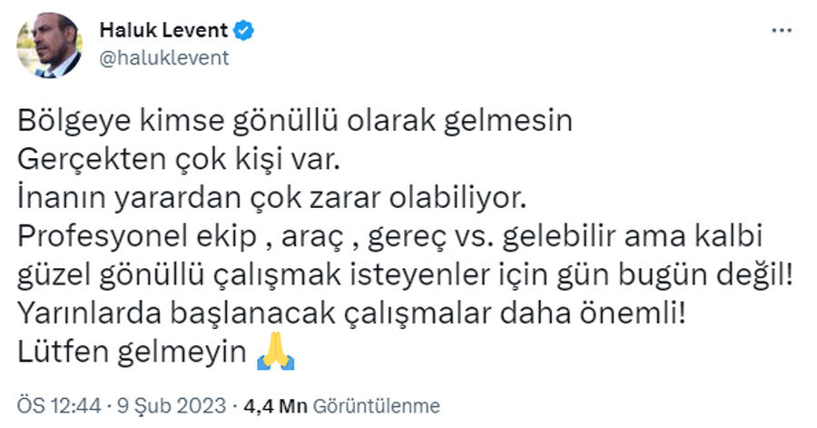 Haluk Levent gönüllülere seslendi: Gelmeyin, yarardan çok zarar olabiliyor Haluk Levent gönüllülere seslendi: Gelmeyin, yarardan çok zarar olabiliyor
