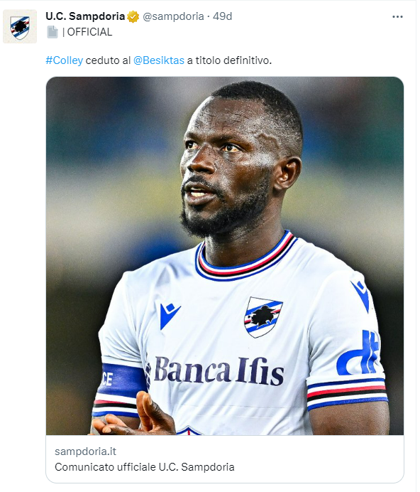 Omar Colley resmen Beşiktaş'ta! Sampdoria kulübü transferi açıkladı