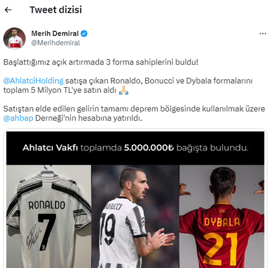 Milli futbolcu Merih Demiral duyurdu: Ronaldo, Dybala ve Bonucci’nin deprem için bağışladığı formalar satıldı Milli futbolcu Merih Demiral duyurdu: Ronaldo, Dybala ve Bonucci’nin deprem için bağışladığı formalar satıldı