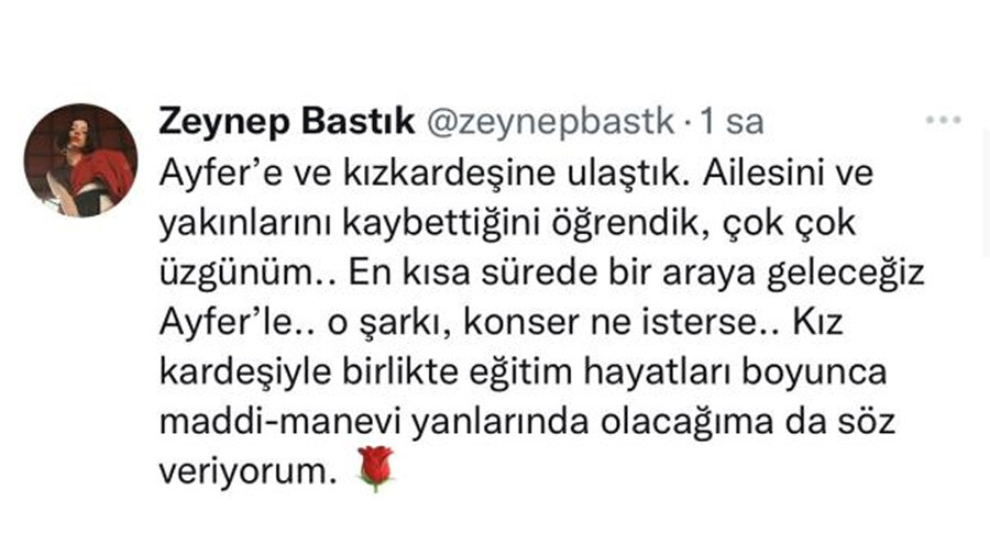 Enkaz altındayken şarkısını dinlemek isteyen genç kıza Zeynep Bastık sahip çıktı Enkaz altındayken şarkısını dinlemek isteyen genç kıza Zeynep Bastık sahip çıktı