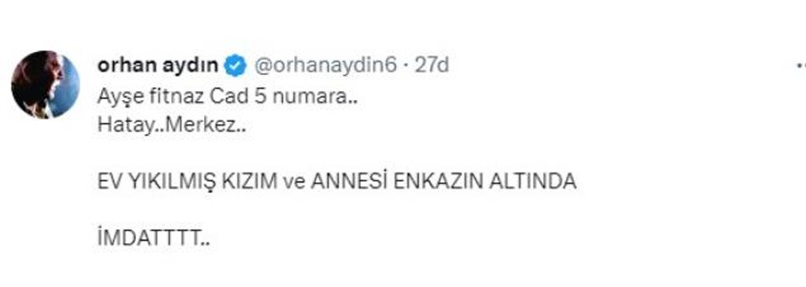 Usta oyuncu Orhan Aydın’ın enkaz altında kalan kızı hayatını kaybetti Usta oyuncu Orhan Aydın’ın enkaz altında kalan kızı hayatını kaybetti