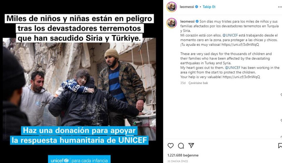 Lionel Messi depremzedeler için UNICEF'e bağış çağrısı yaptı Lionel Messi depremzedeler için UNICEF'e bağış çağrısı yaptı