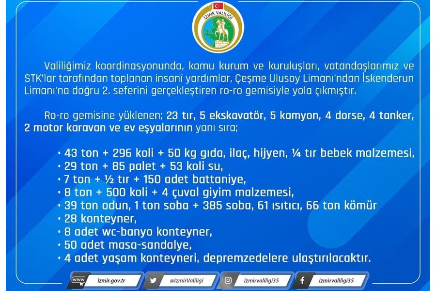 İkinci dev yardım gemisi İskenderun'a hareket etti İzmir Valiliği açıkladı