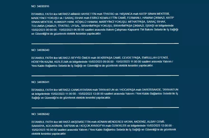 İstanbul geneli elektrik kesintisi! İstanbul elektrikler ne zaman gelir? BEDAŞ ilçe ilçe açıkladı 15 ŞUBAT ÇARŞAMBA 2023
