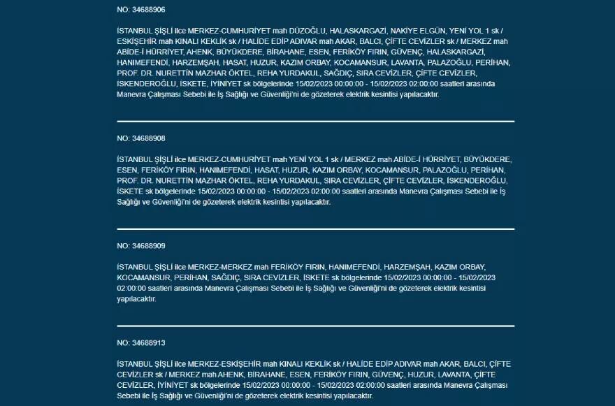 İstanbul geneli elektrik kesintisi! İstanbul elektrikler ne zaman gelir? BEDAŞ ilçe ilçe açıkladı 15 ŞUBAT ÇARŞAMBA 2023