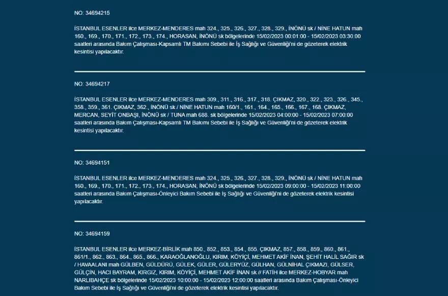 İstanbul geneli elektrik kesintisi! İstanbul elektrikler ne zaman gelir? BEDAŞ ilçe ilçe açıkladı 15 ŞUBAT ÇARŞAMBA 2023