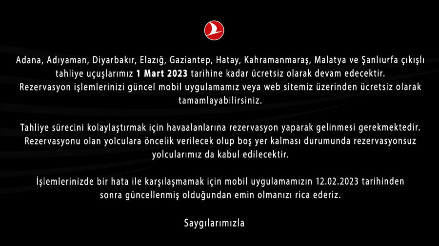 THY'den ücretsiz tahliye uçuşu açıklaması: 1 Mart'a kadar uzatıldı THY'den ücretsiz tahliye uçuşu açıklaması: 1 Mart'a kadar uzatıldı