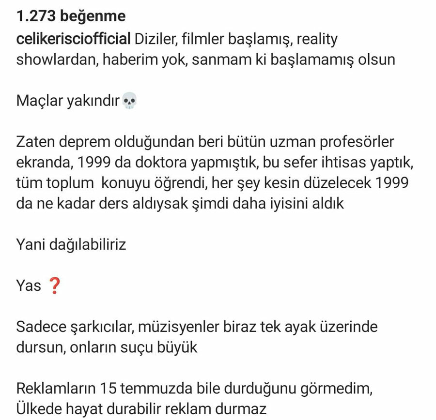 Şarkıcı Çelik'ten deprem sonrası 'normalleşme' sürecine tepki: Diziler başlamış, şarkıcıların suçu büyük