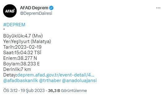 Malatya'da 4,7 büyüklüğünde deprem
