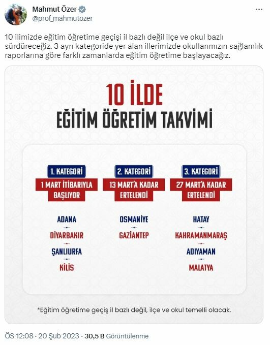 Bakan Özer'den deprem bölgesindeki 10 ilde eğitimle ilgili açıklama: Hangi ilde ne zaman okullar açılacak
