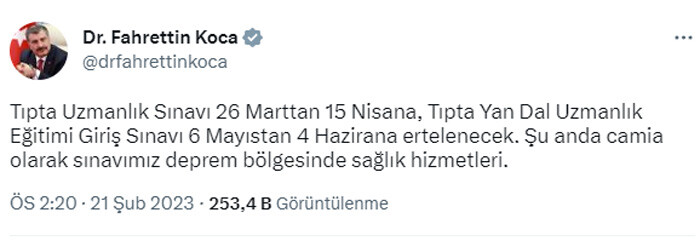 Bakan Koca açıkladı: 2023 TUS ve YDUS ertelendi
