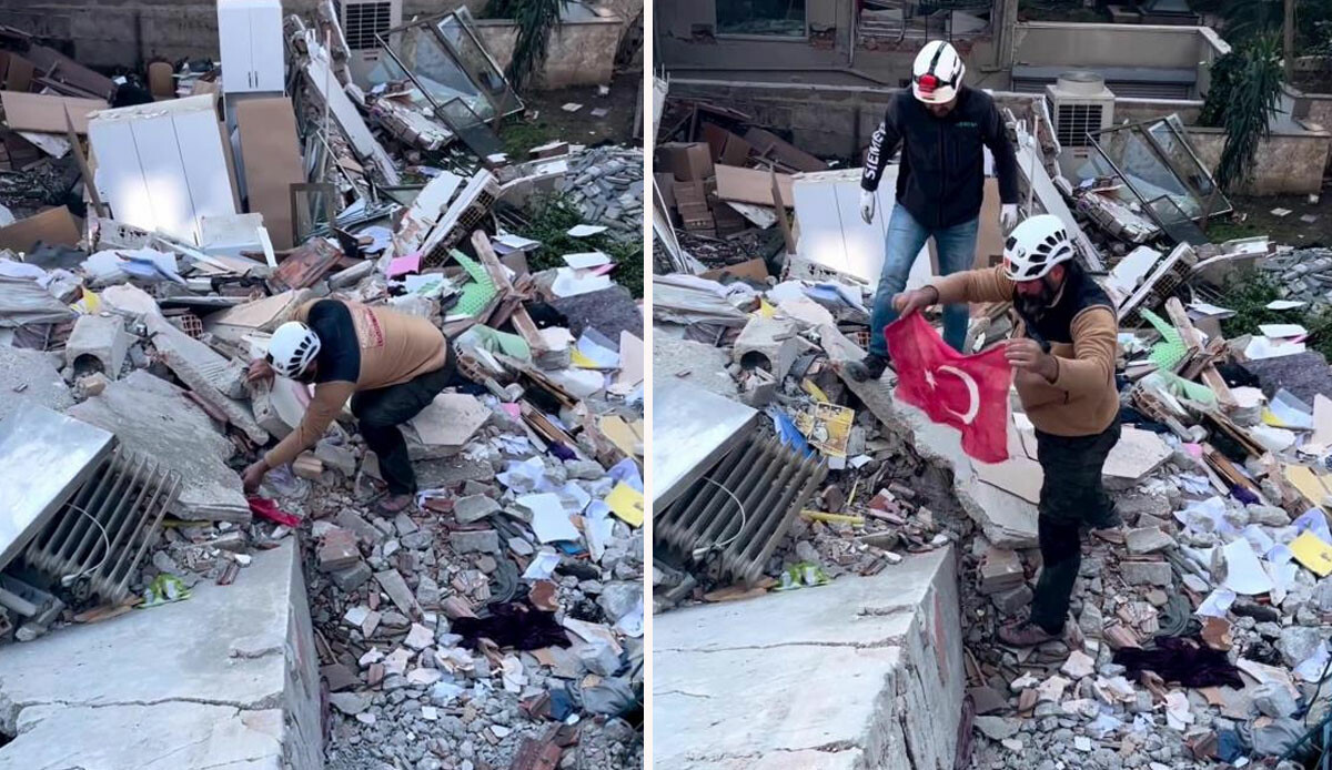 Enkazda Türk bayrağı hassasiyeti: Özenle çıkarıp, öperek cebine koydu Enkazda Türk bayrağı hassasiyeti: Özenle çıkarıp, öperek cebine koydu