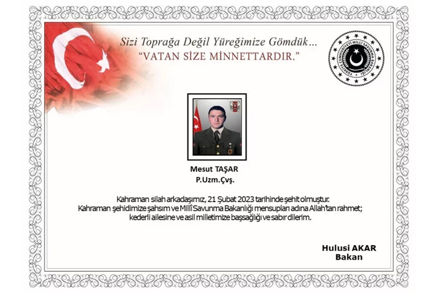 Son dakika: MSB'den acı haber: Piyade Uzman Çavuş Mesut Taşar şehit oldu