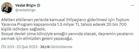 Bakan Bilgin deprem bölgesi için 1,5 milyar lira tahsis edildiğini açıkladı